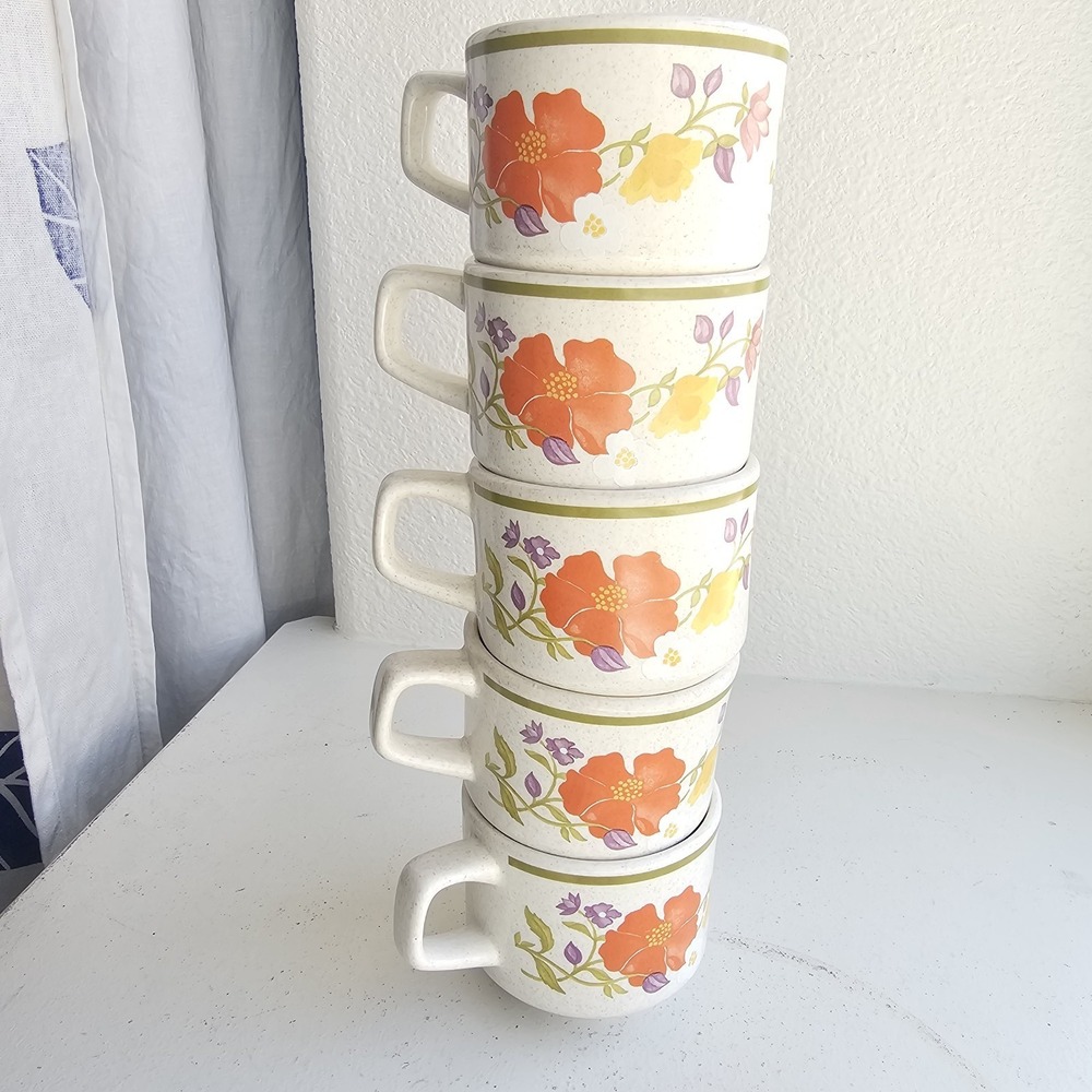 1970s Vintage Temperware By Lenox Summer Wind USA Coffee Cups Poppy Wildflower - Picture 2 of 10